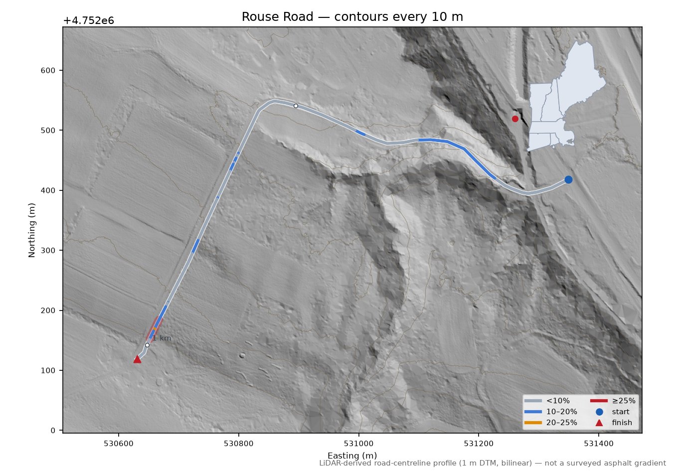 Rouse Road LiDAR hillshade map with contours