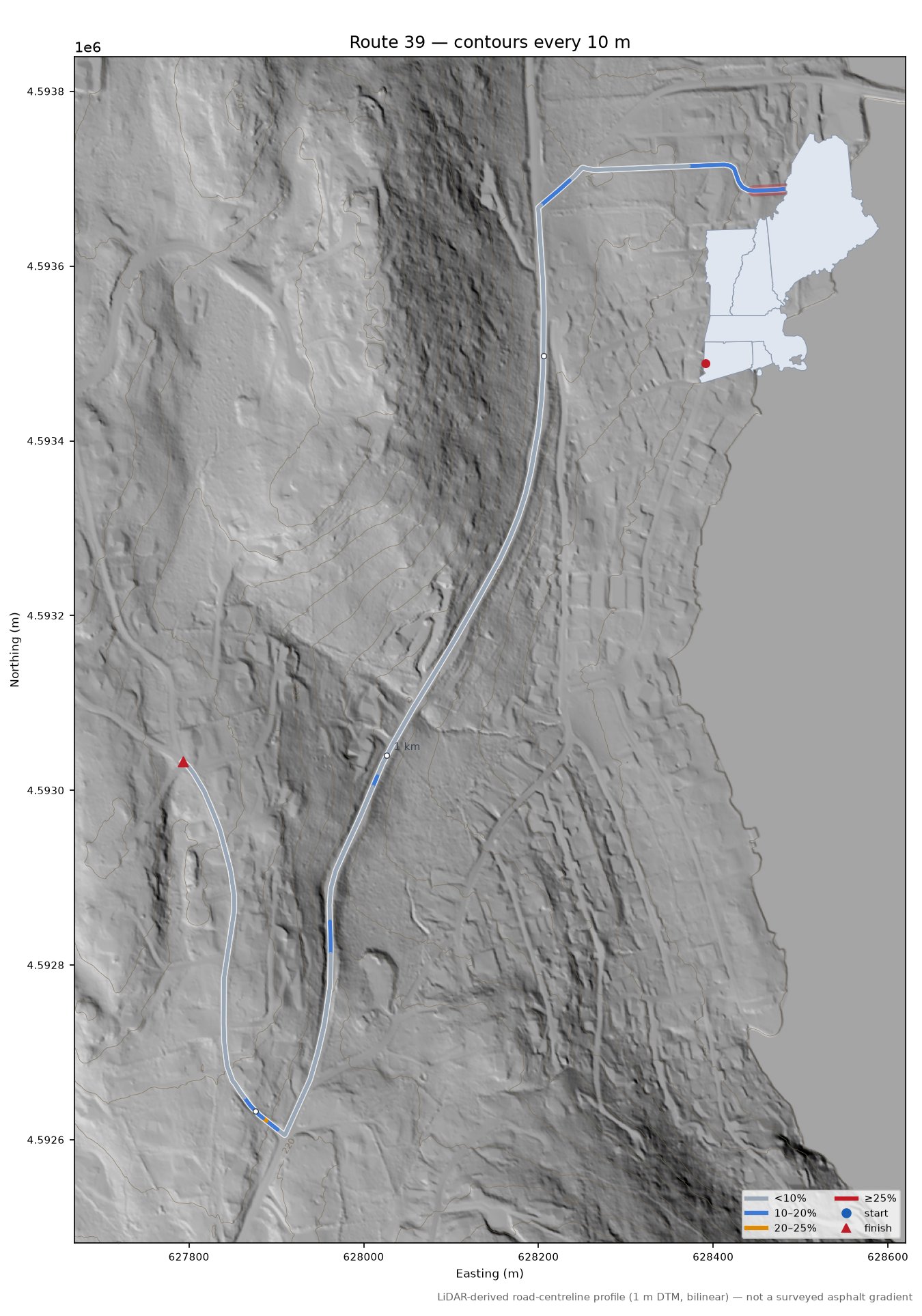Route 39 LiDAR hillshade map with contours