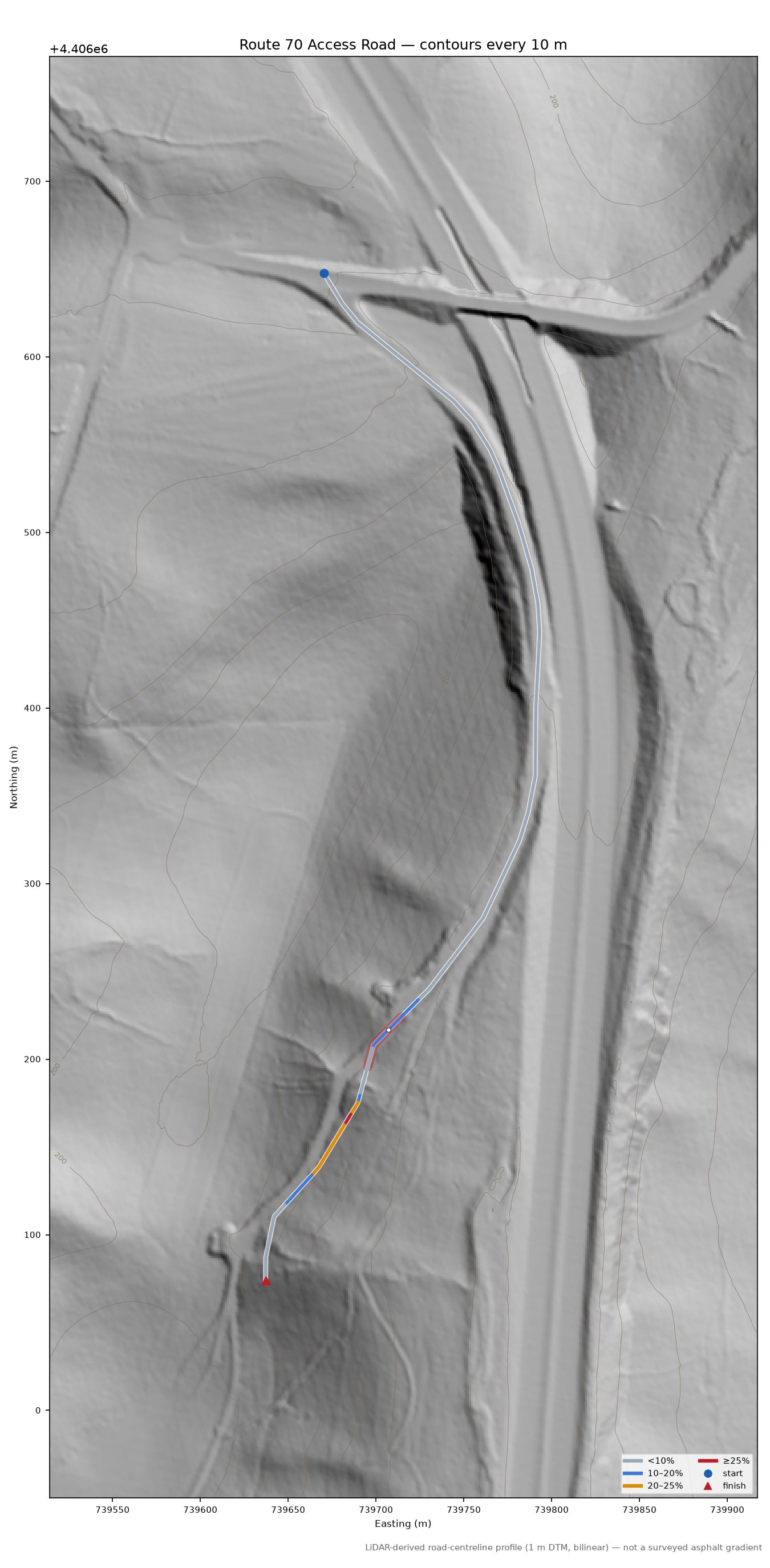 Route 70 Access Road LiDAR hillshade map with contours