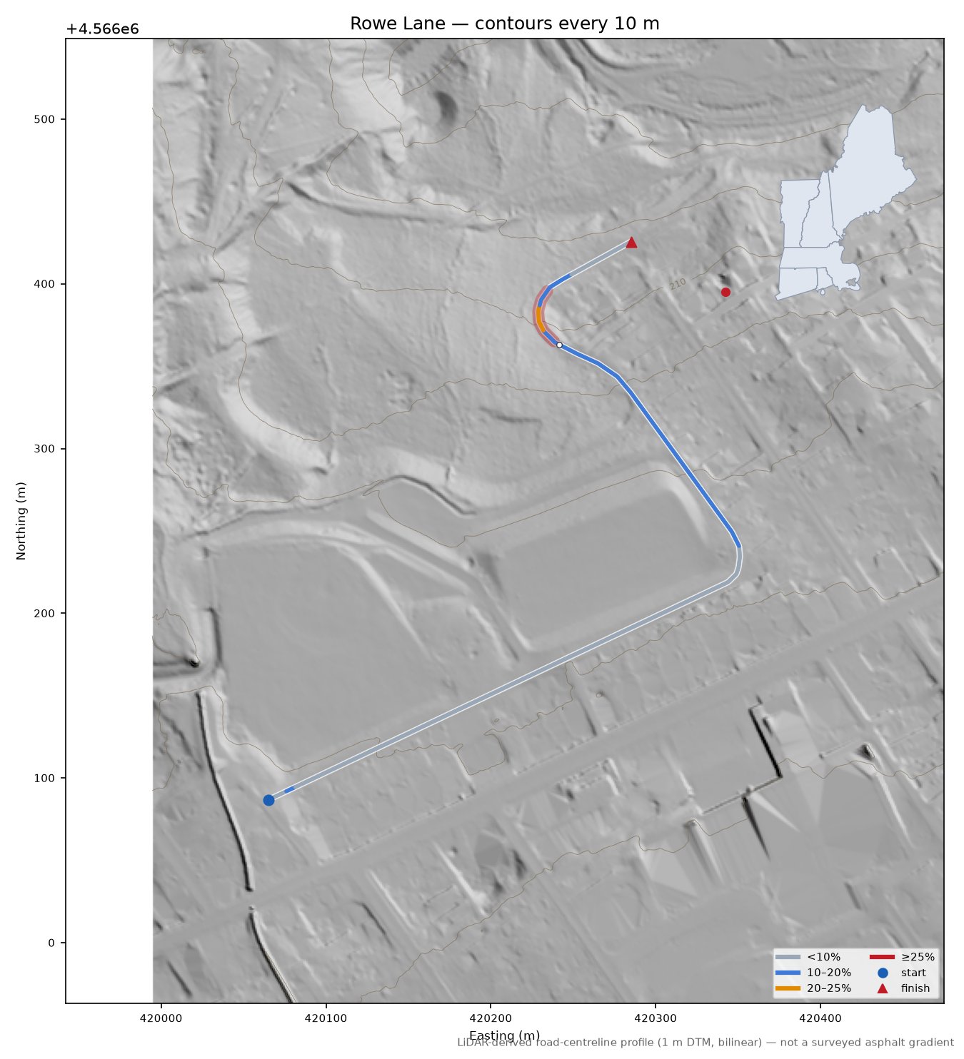 Rowe Lane LiDAR hillshade map with contours
