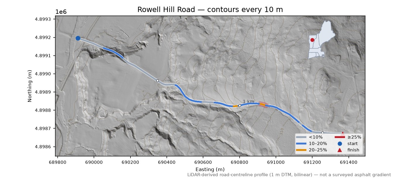 Rowell Hill Road LiDAR hillshade map with contours