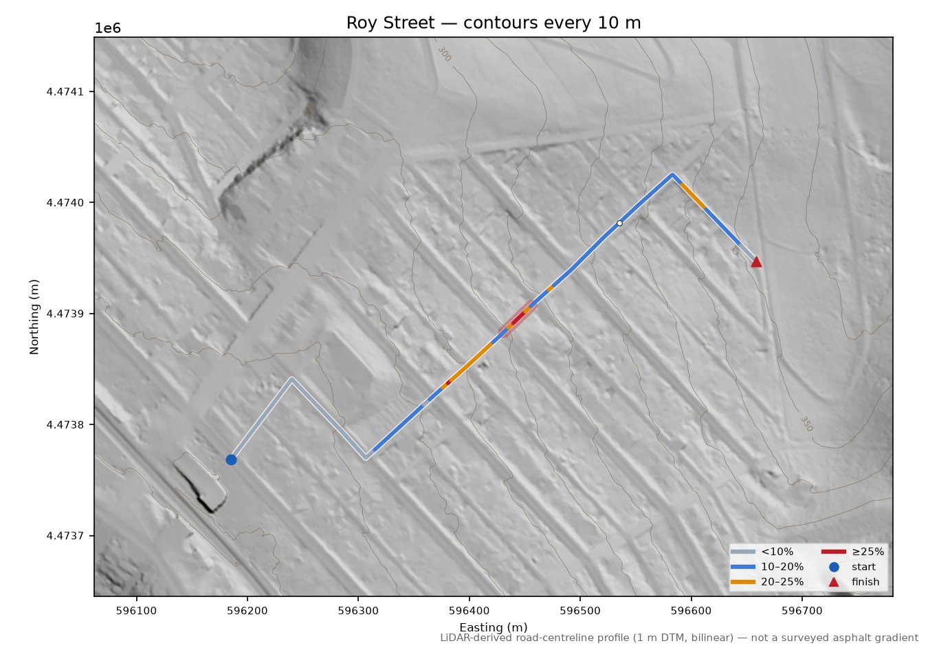 Roy Street LiDAR hillshade map with contours