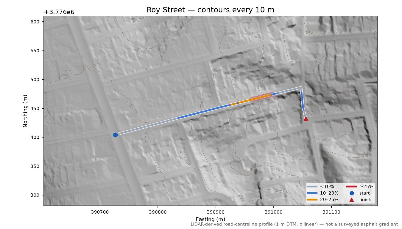 Roy Street LiDAR hillshade map with contours