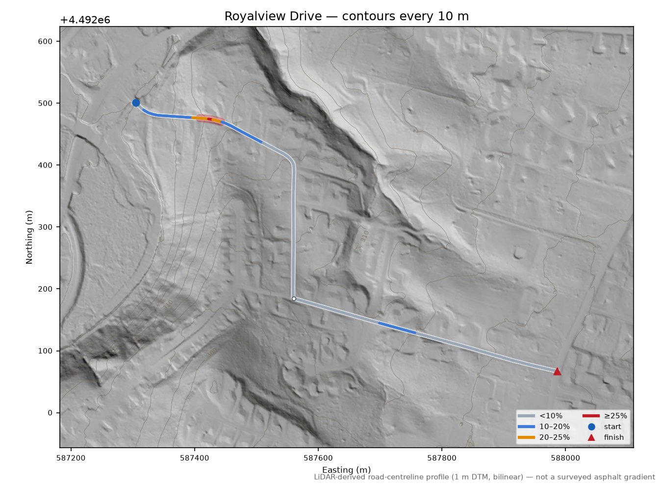 Royalview Drive LiDAR hillshade map with contours
