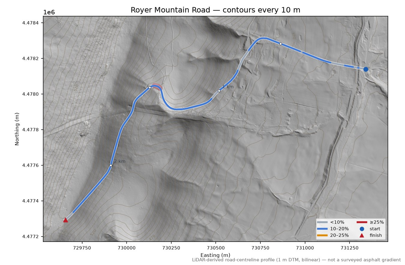 Royer Mountain Road LiDAR hillshade map with contours