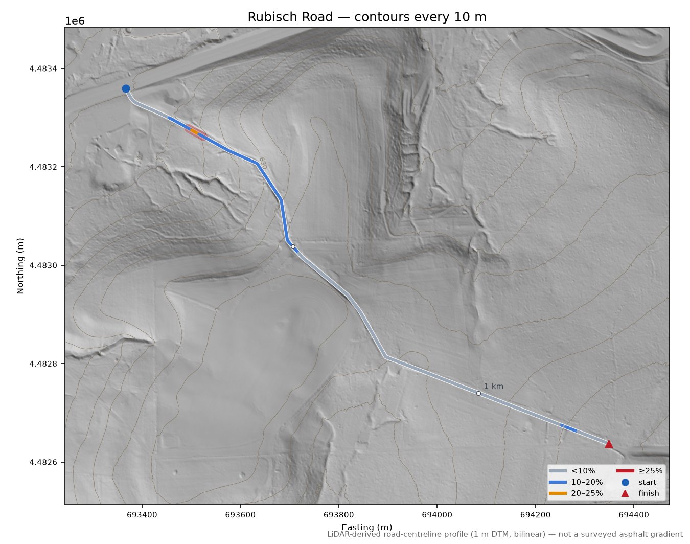 Rubisch Road LiDAR hillshade map with contours