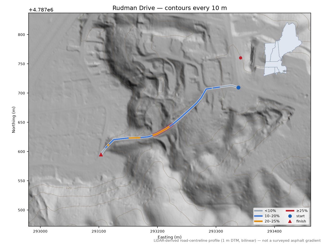 Rudman Drive LiDAR hillshade map with contours