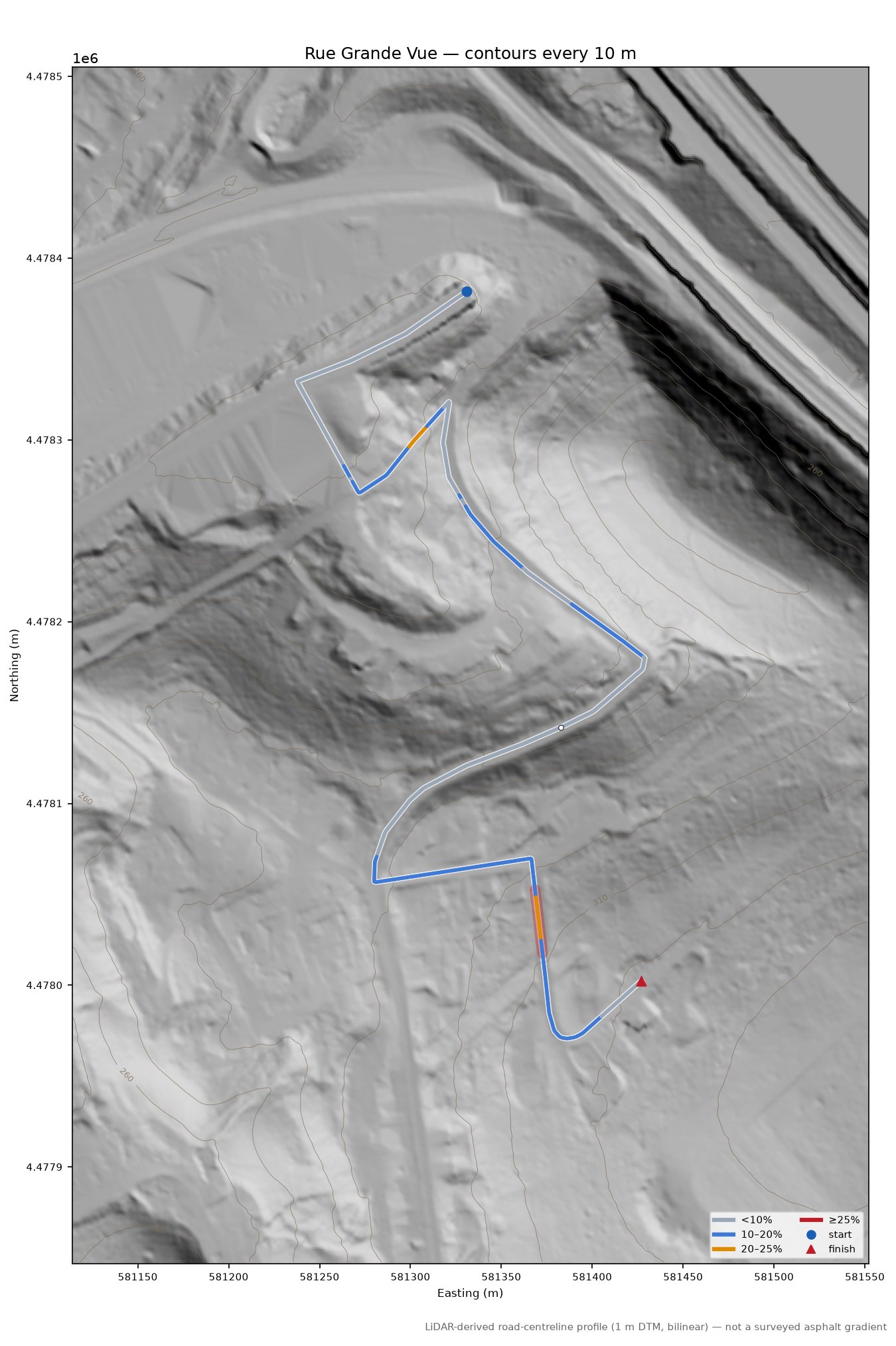 Rue Grande Vue LiDAR hillshade map with contours