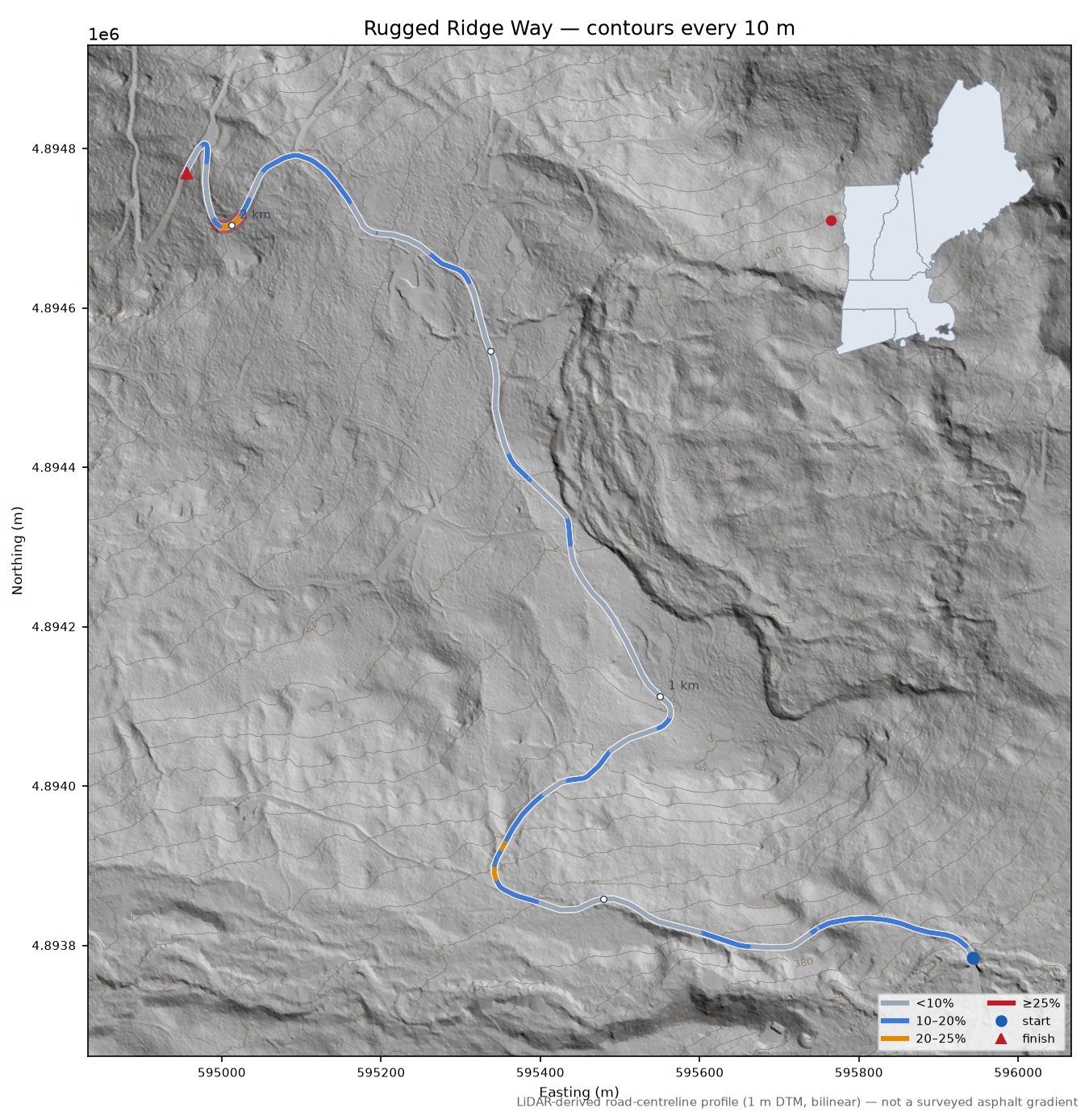 Rugged Ridge Way LiDAR hillshade map with contours