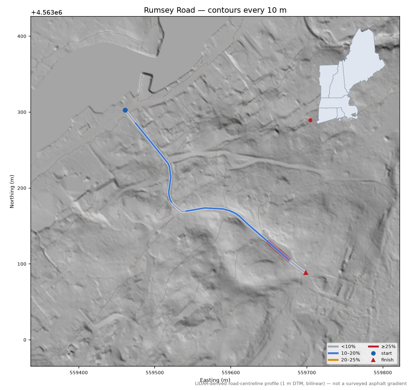 Rumsey Road LiDAR hillshade map with contours