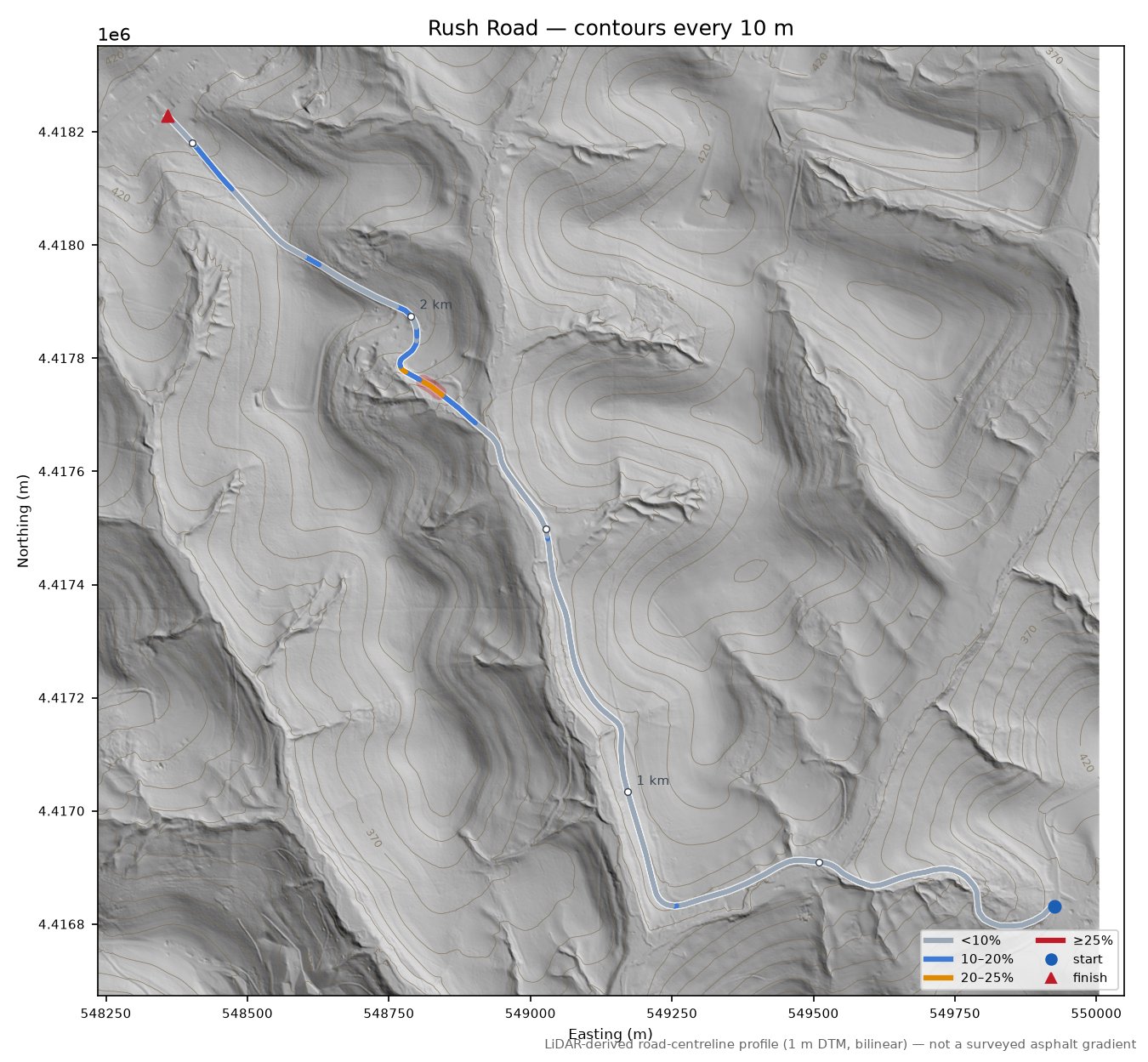 Rush Road LiDAR hillshade map with contours