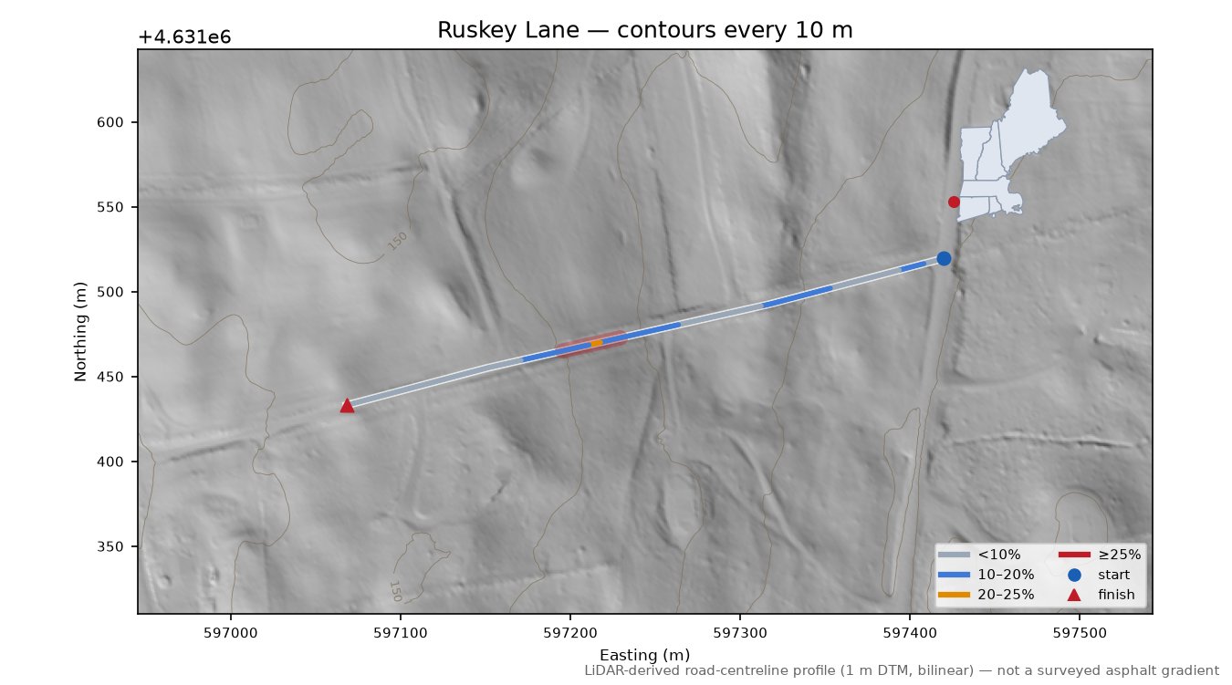 Ruskey Lane LiDAR hillshade map with contours