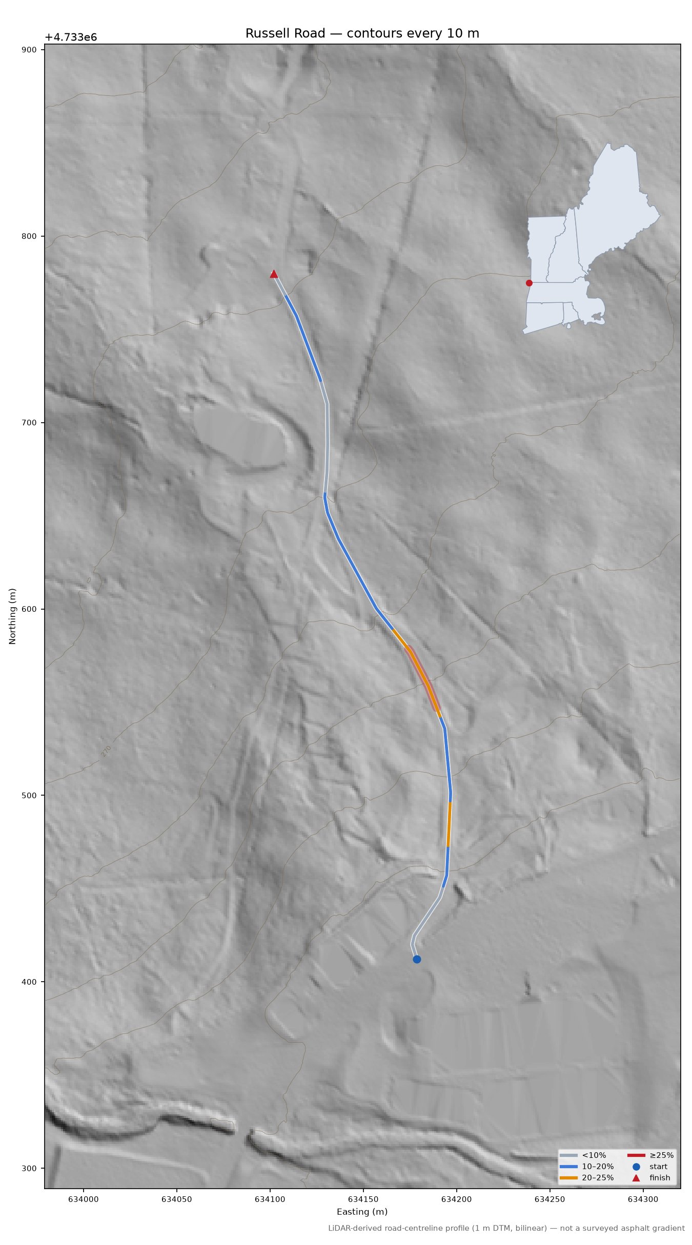 Russell Road LiDAR hillshade map with contours