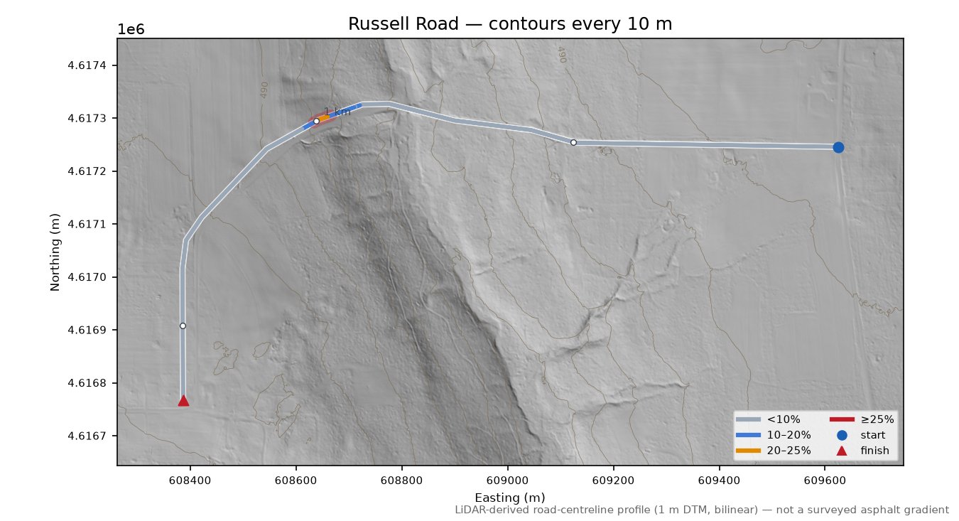 Russell Road LiDAR hillshade map with contours
