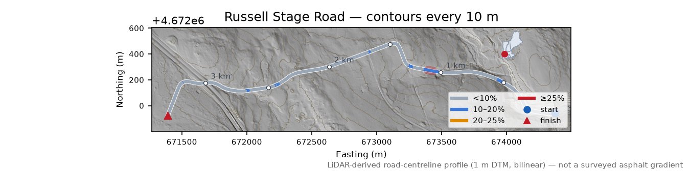 Russell Stage Road LiDAR hillshade map with contours