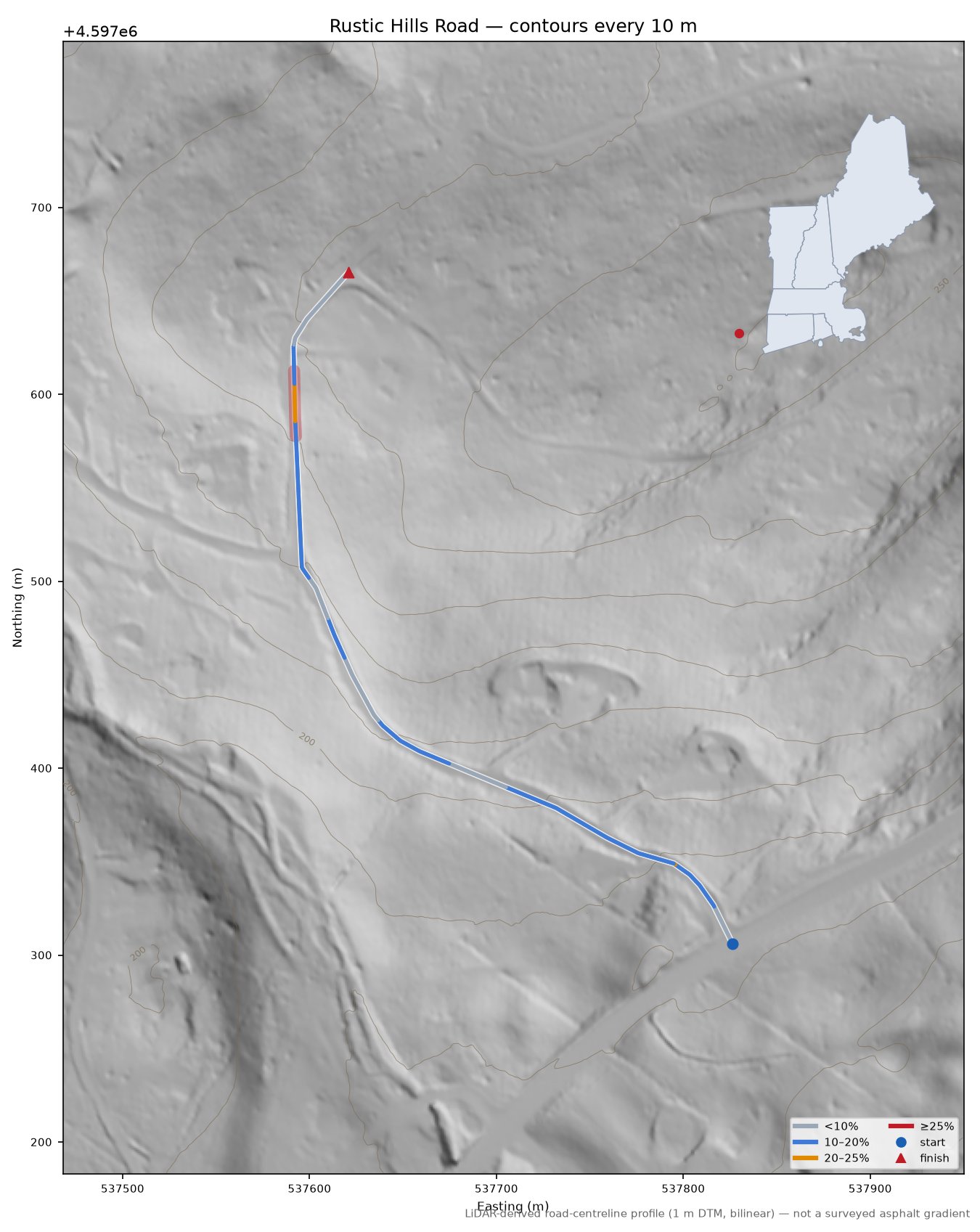 Rustic Hills Road LiDAR hillshade map with contours