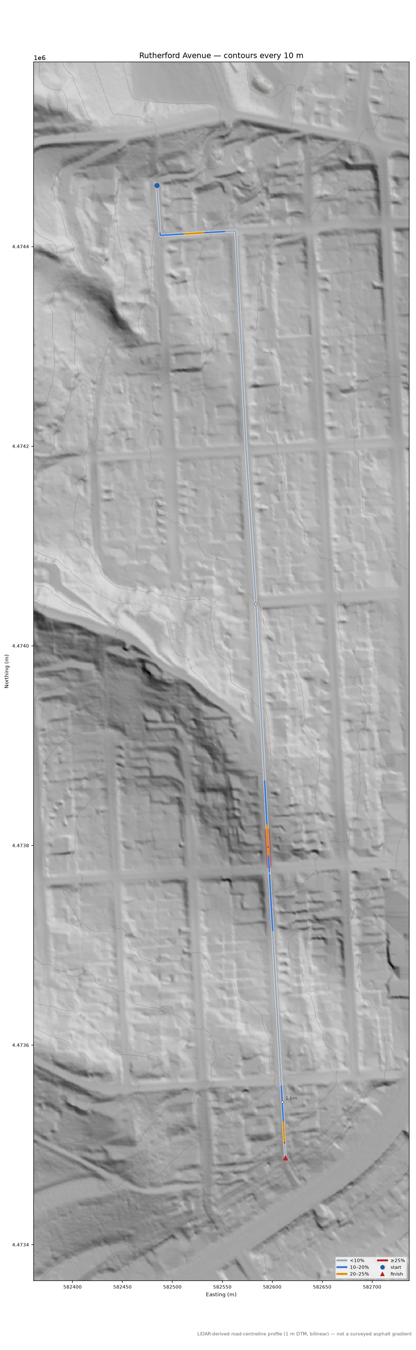 Rutherford Avenue LiDAR hillshade map with contours