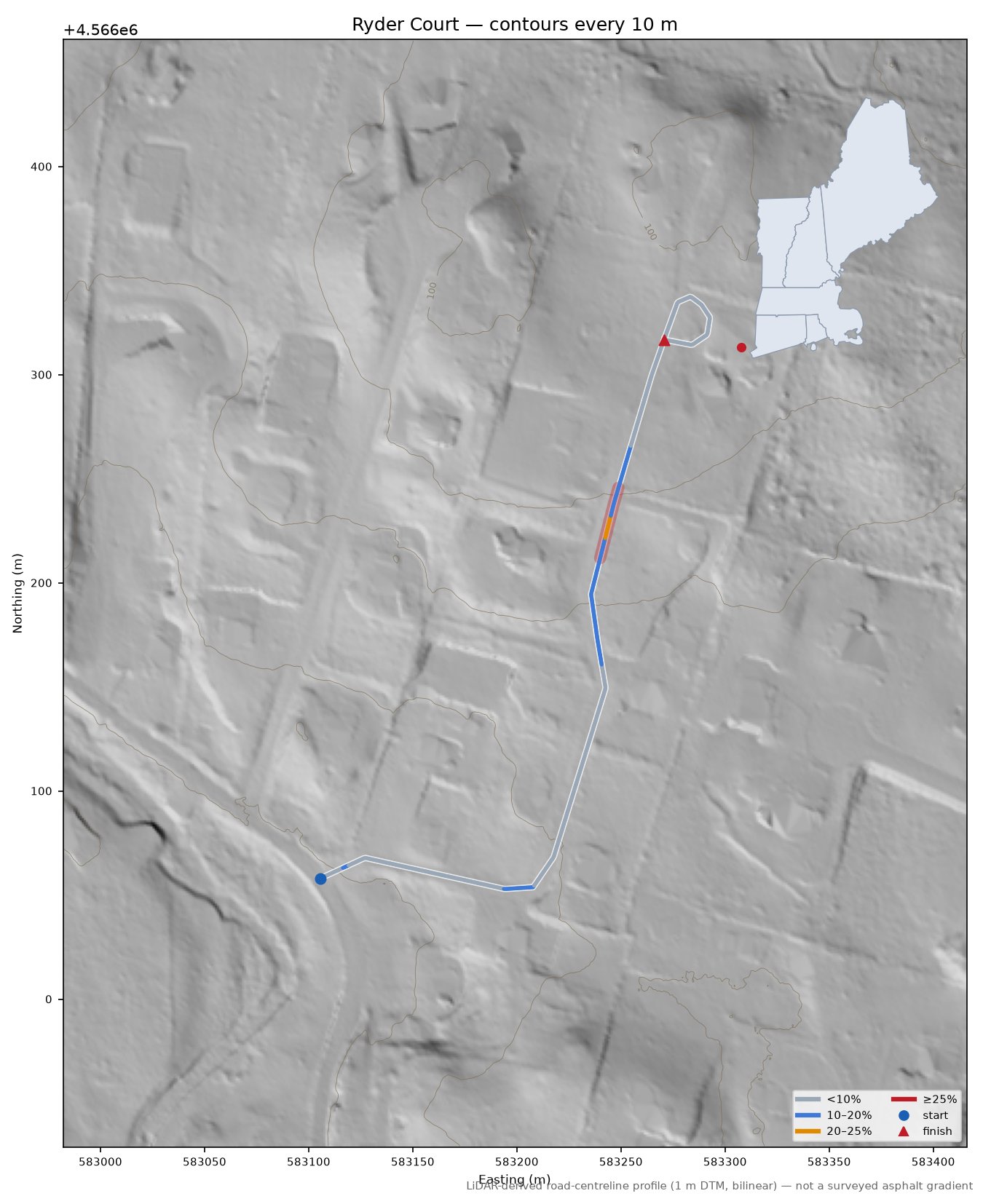Ryder Court LiDAR hillshade map with contours