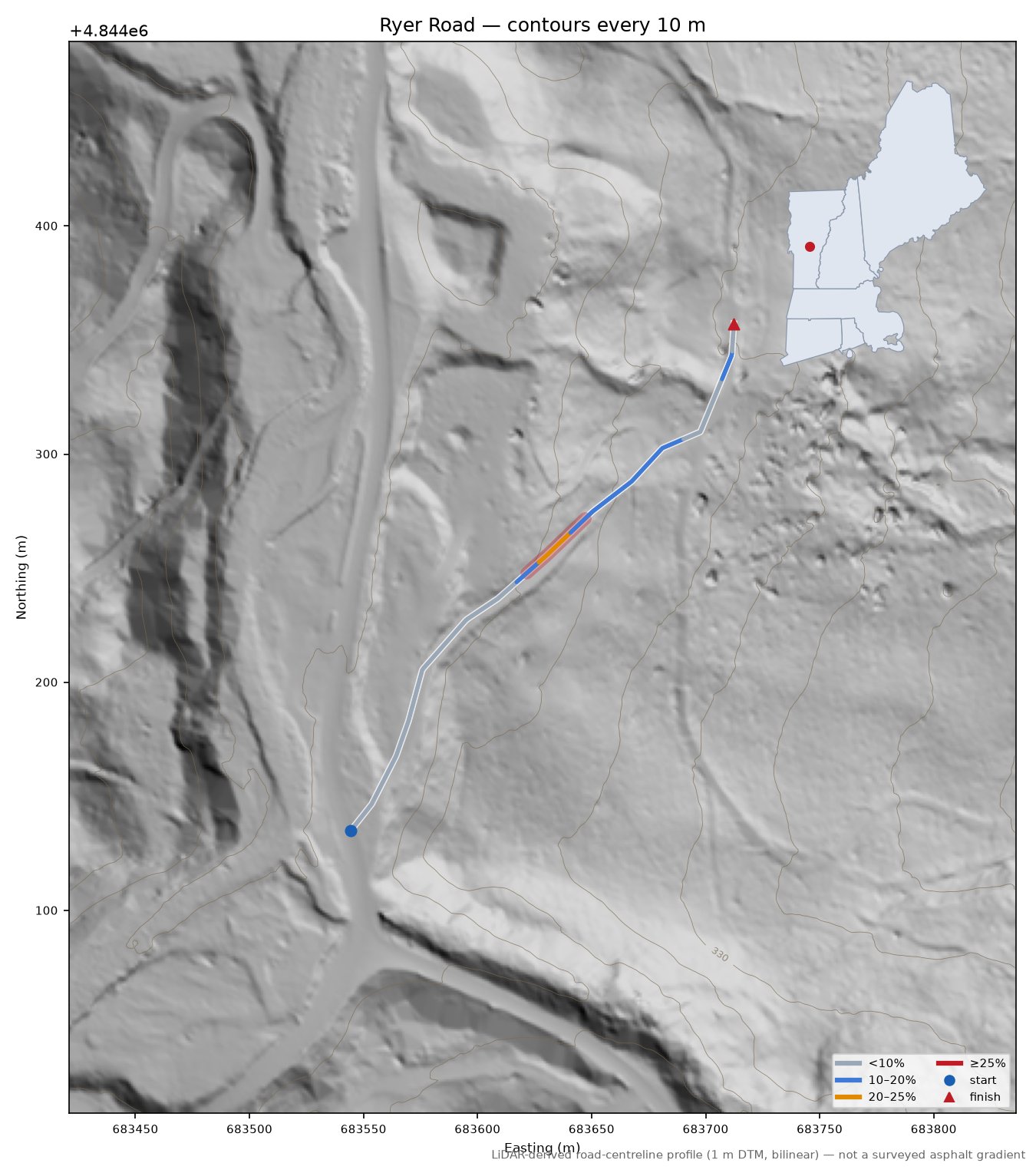 Ryer Road LiDAR hillshade map with contours