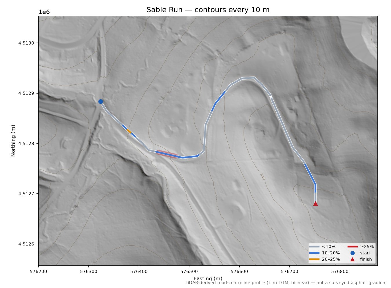 Sable Run LiDAR hillshade map with contours