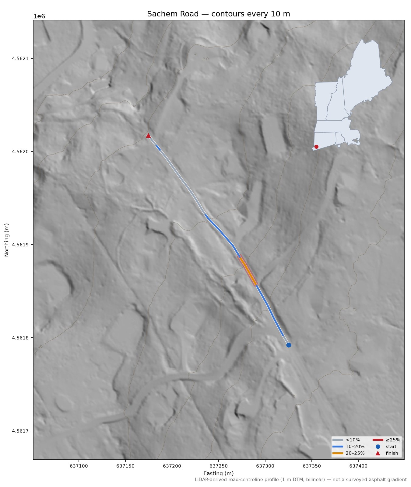 Sachem Road LiDAR hillshade map with contours