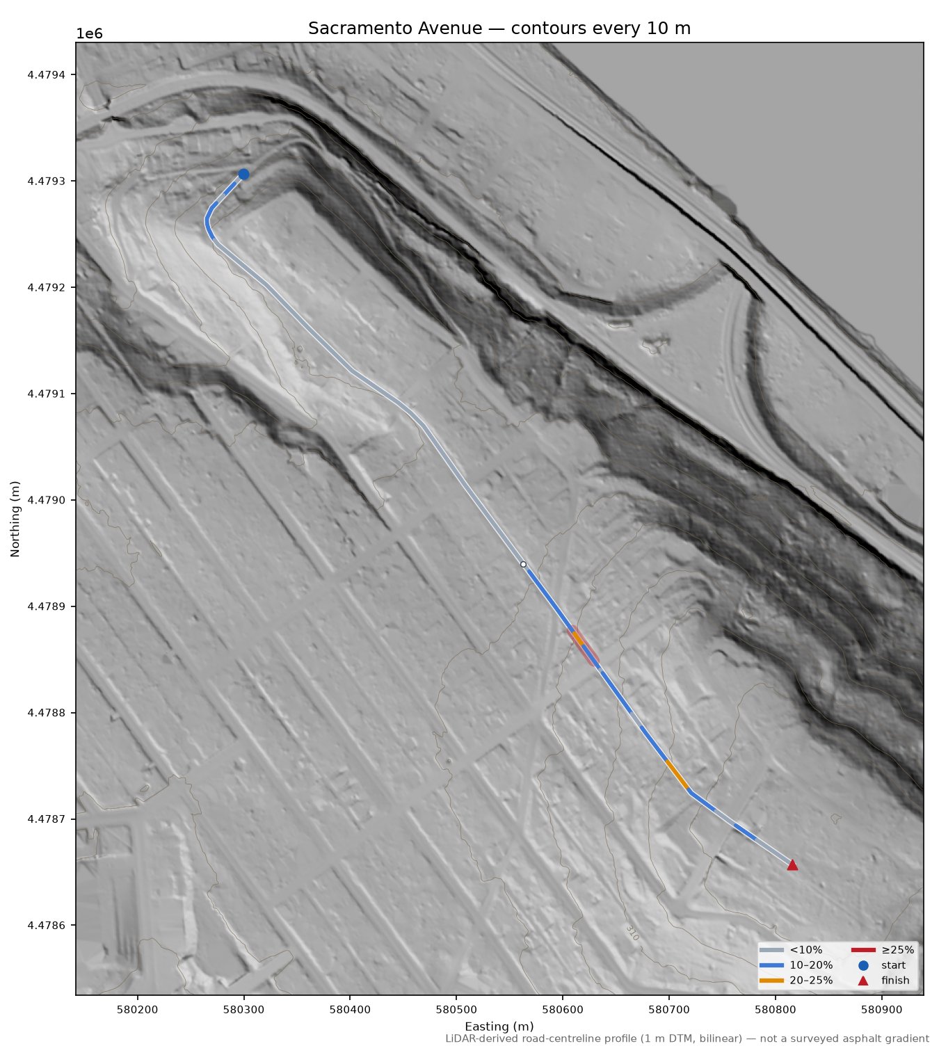 Sacramento Avenue LiDAR hillshade map with contours