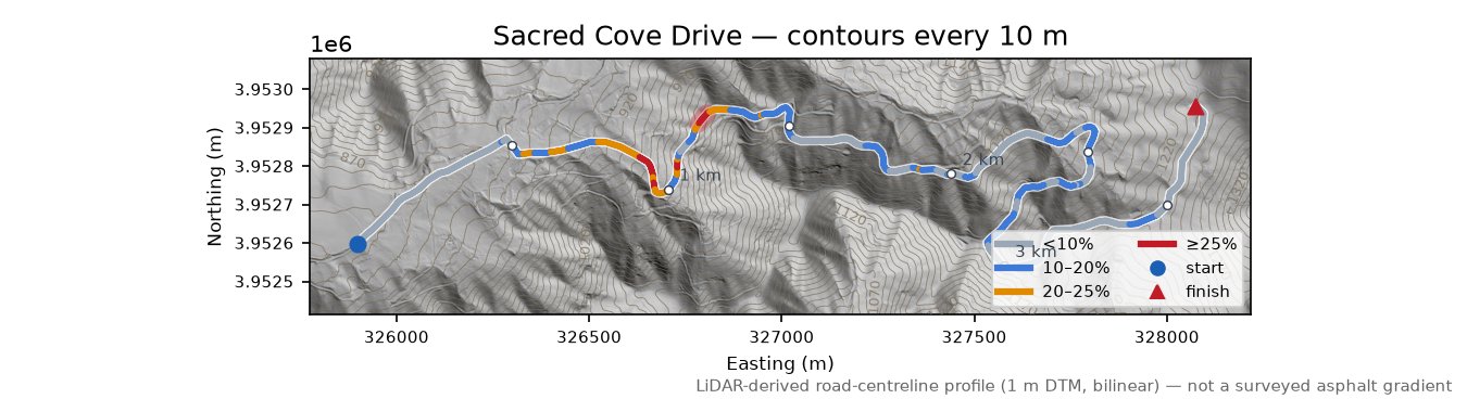 Sacred Cove Drive LiDAR hillshade map with contours