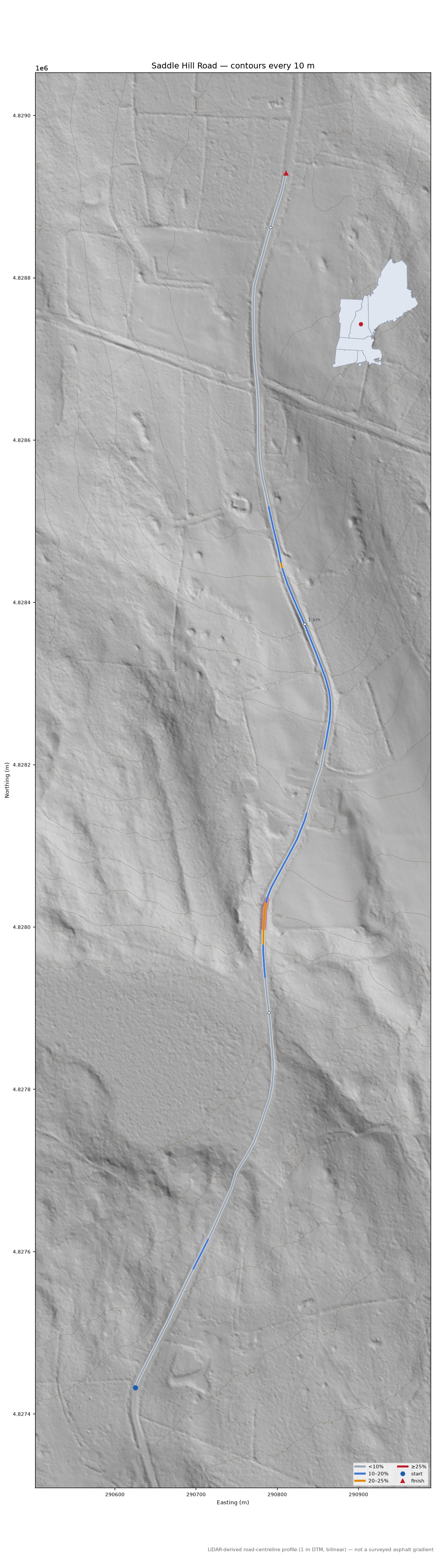 Saddle Hill Road LiDAR hillshade map with contours