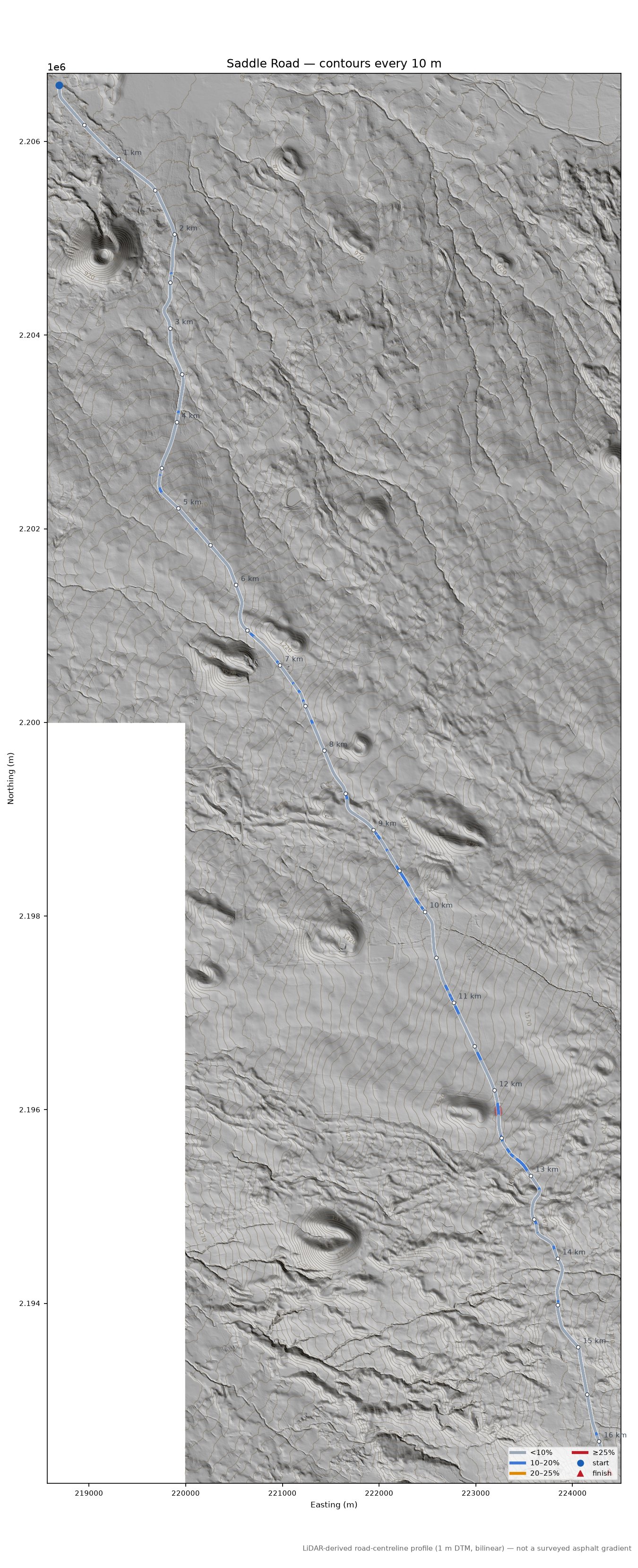 Saddle Road LiDAR hillshade map with contours