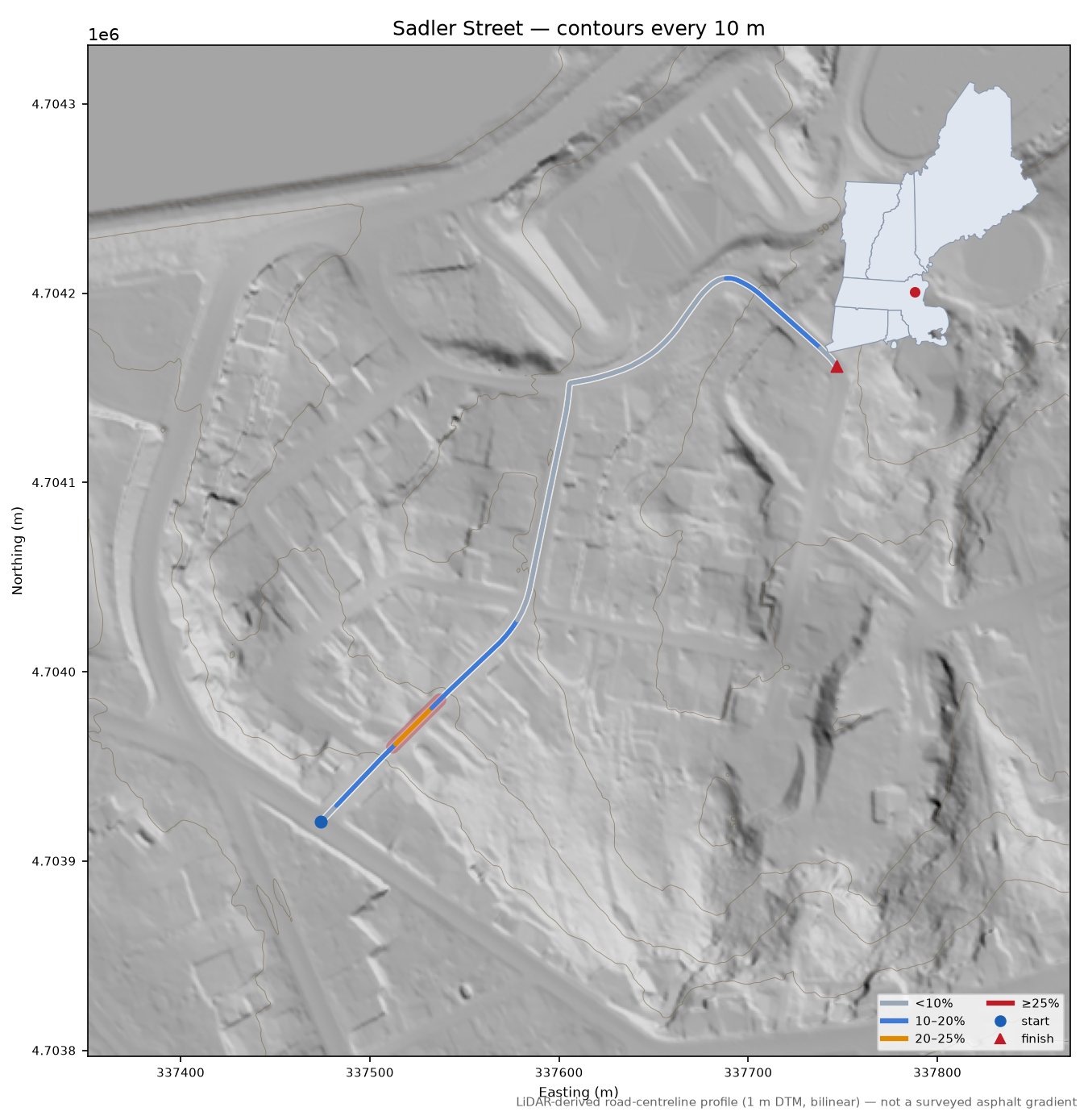 Sadler Street LiDAR hillshade map with contours