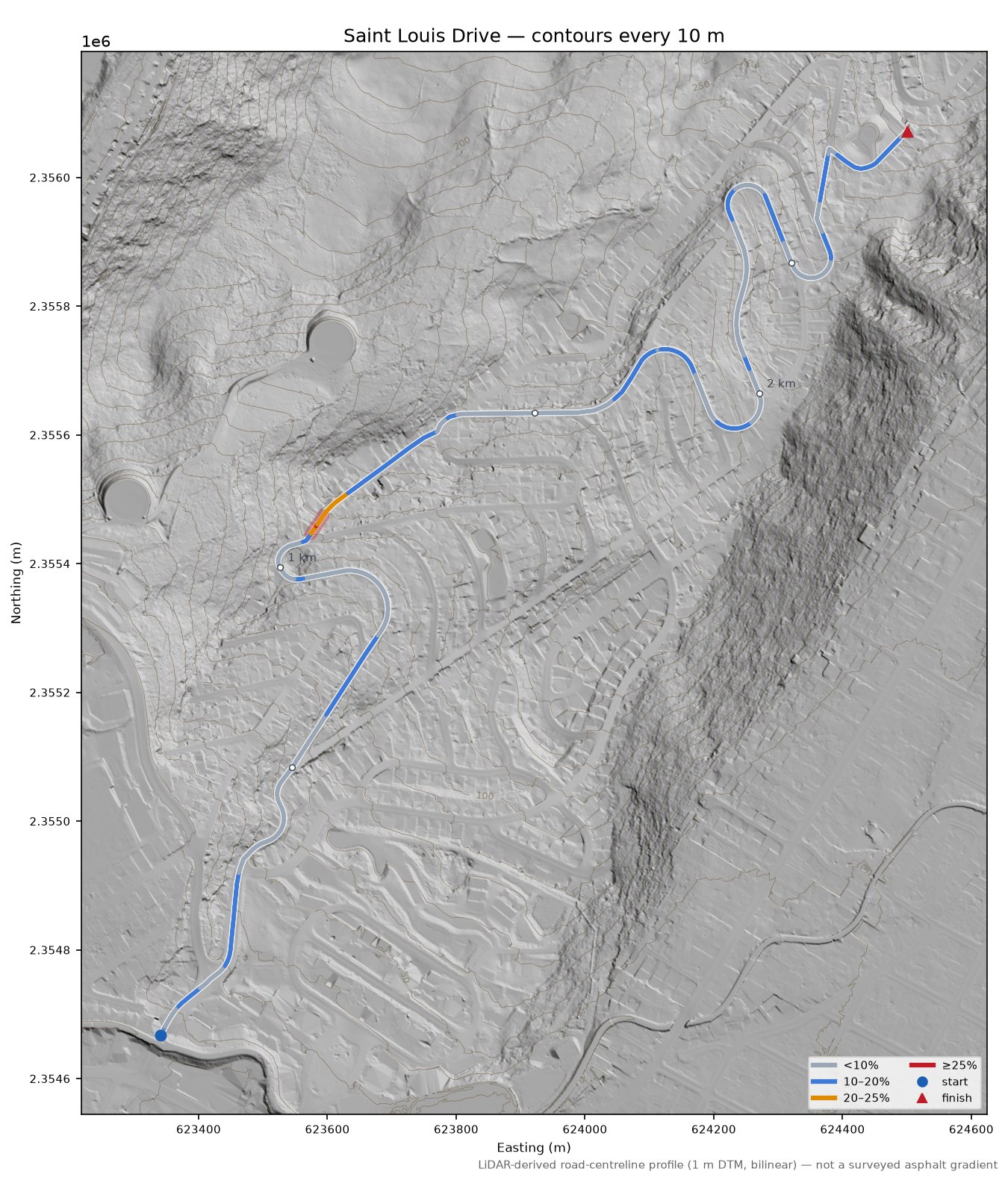 Saint Louis Drive LiDAR hillshade map with contours