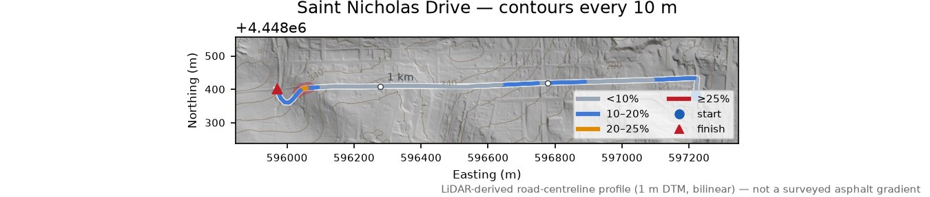 Saint Nicholas Drive LiDAR hillshade map with contours