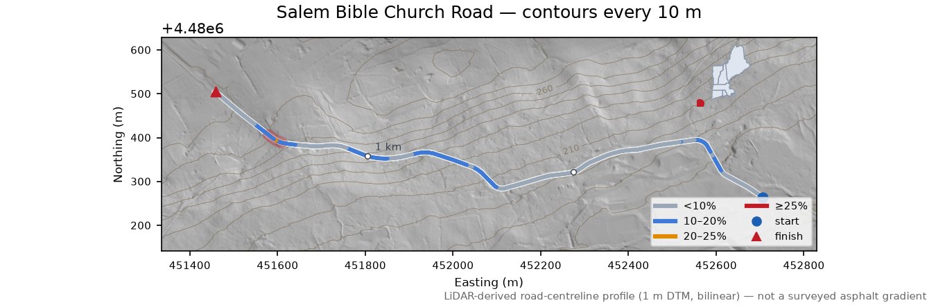 Salem Bible Church Road LiDAR hillshade map with contours