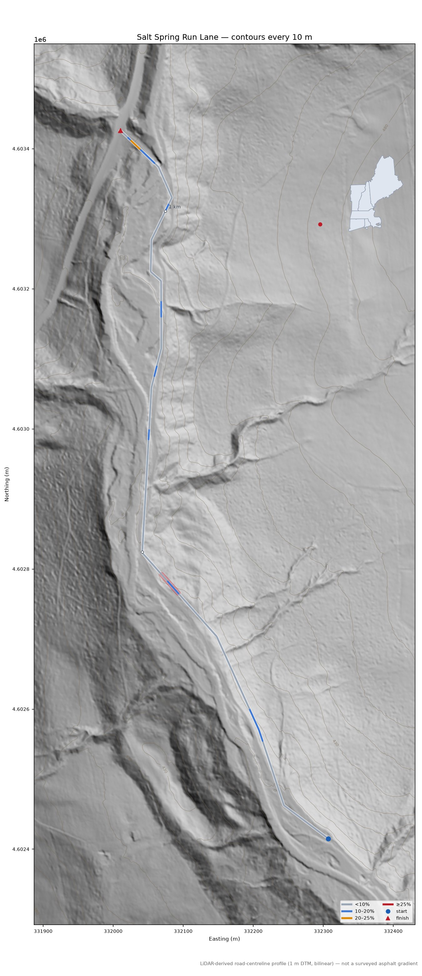Salt Spring Run Lane LiDAR hillshade map with contours
