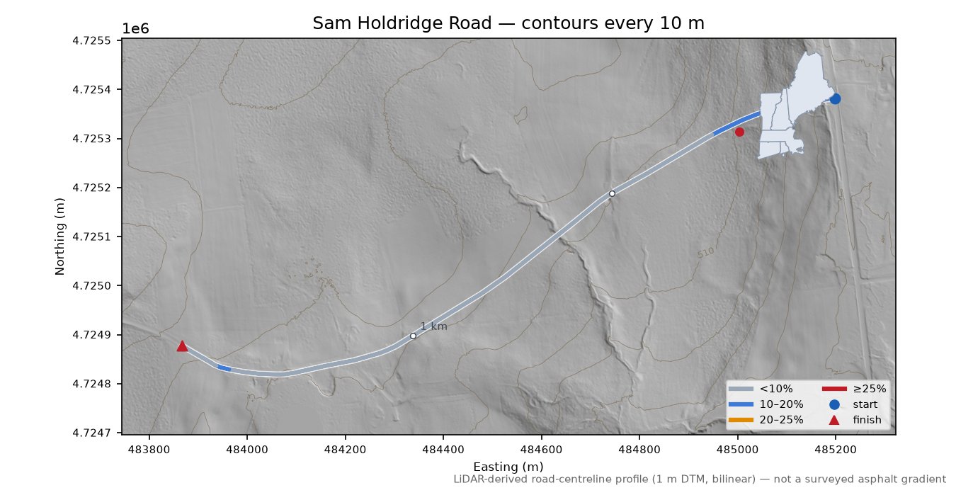 Sam Holdridge Road LiDAR hillshade map with contours