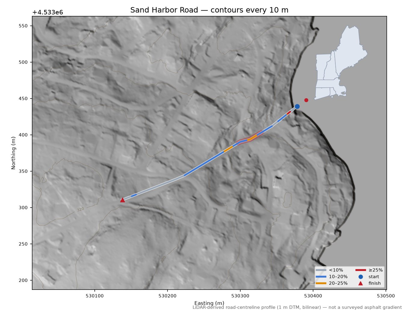 Sand Harbor Road LiDAR hillshade map with contours