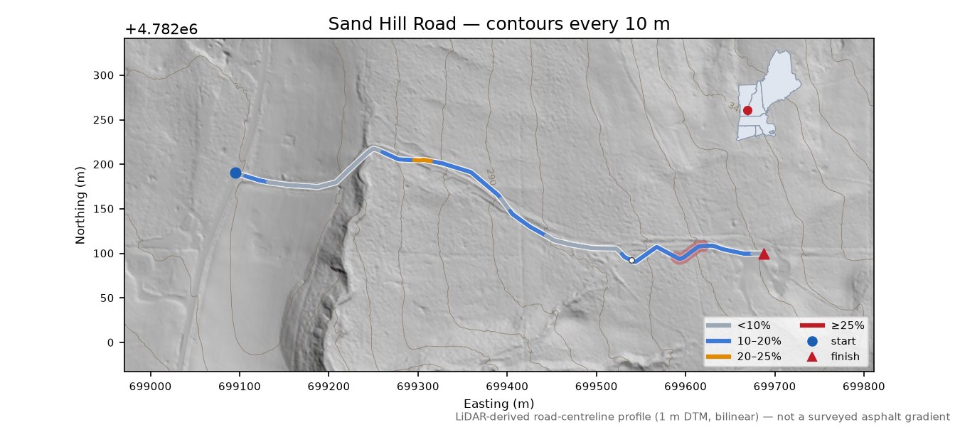 Sand Hill Road LiDAR hillshade map with contours