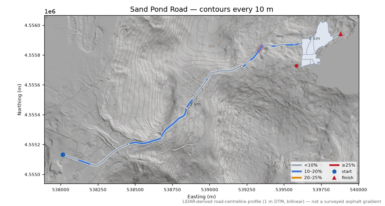 Sand Pond Road LiDAR hillshade map with contours