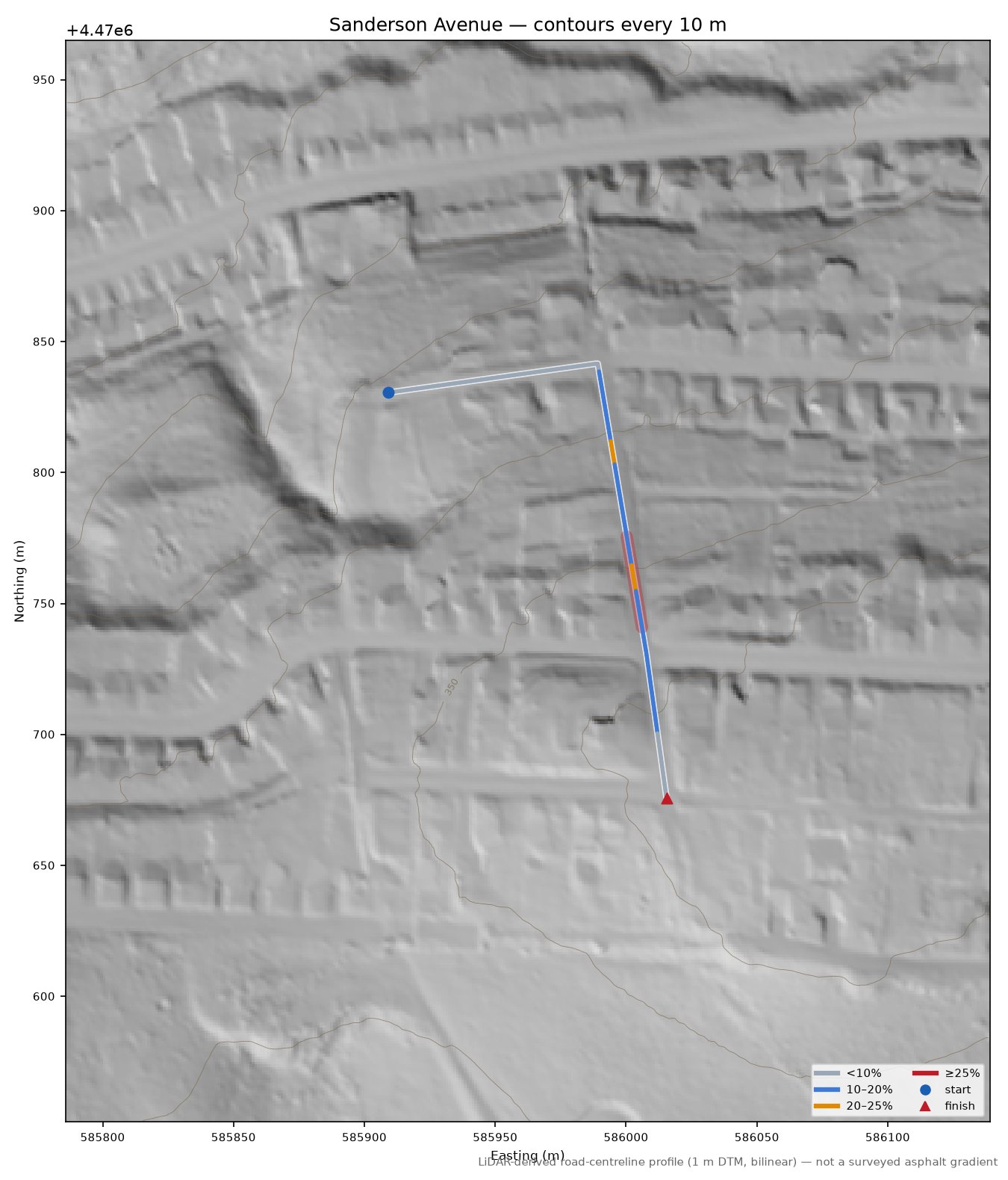 Sanderson Avenue LiDAR hillshade map with contours