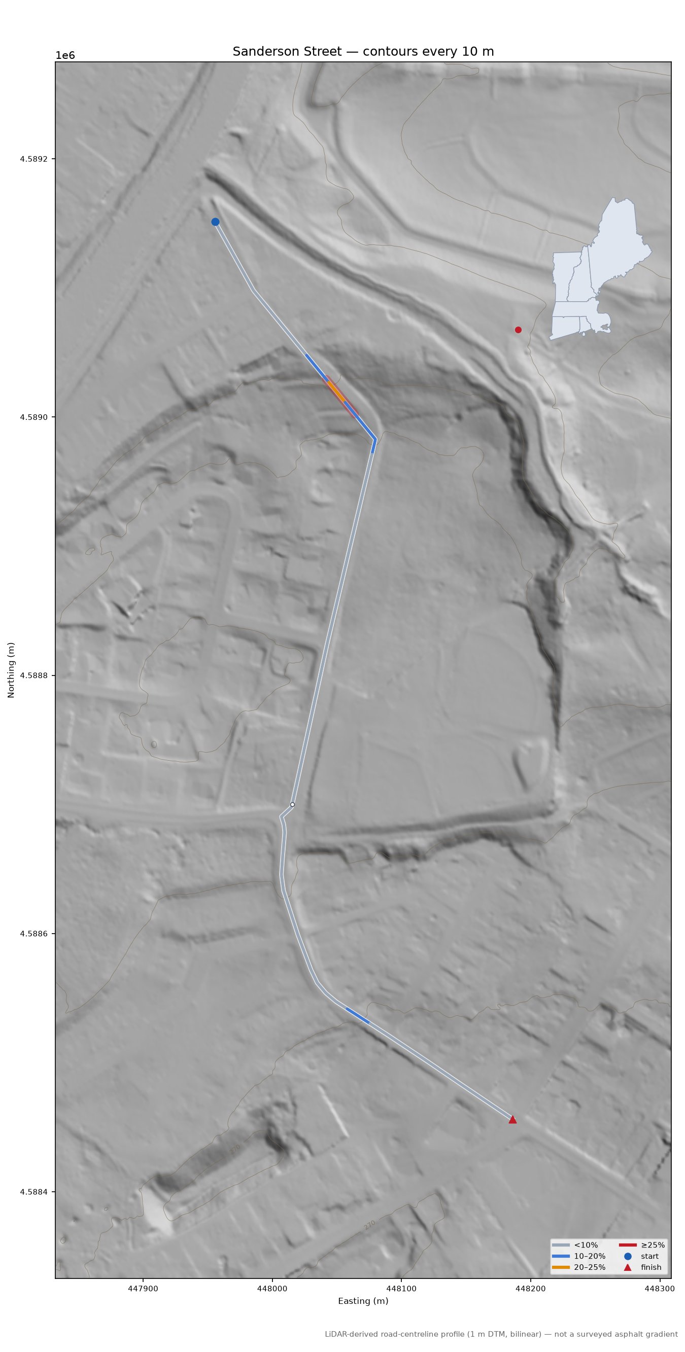 Sanderson Street LiDAR hillshade map with contours