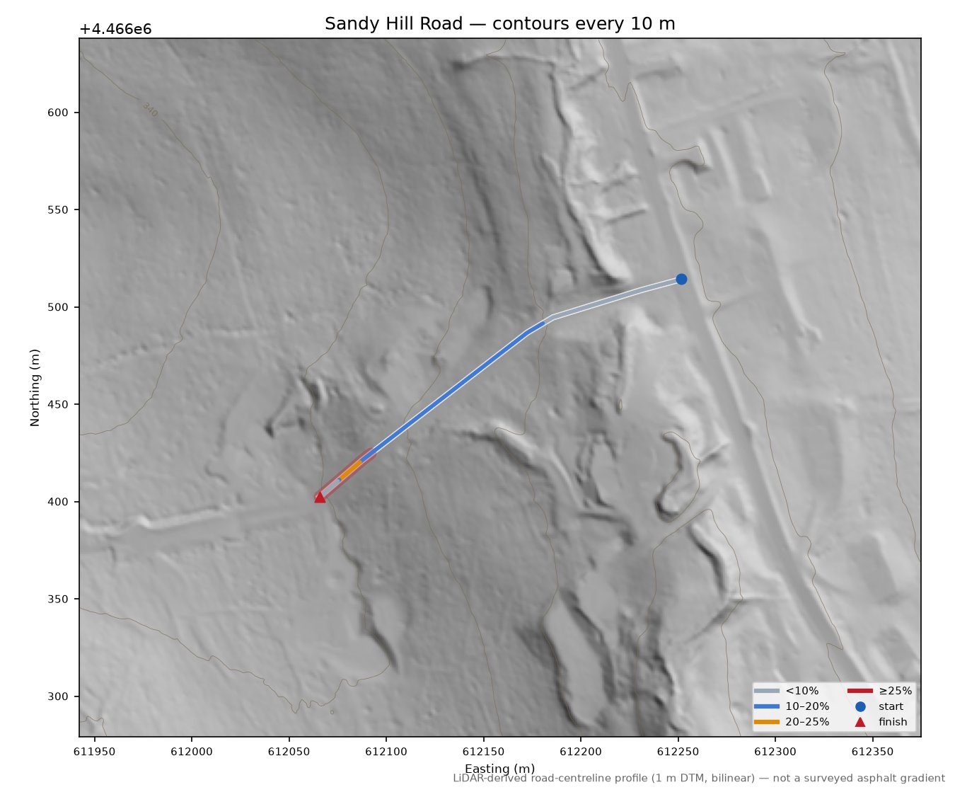 Sandy Hill Road LiDAR hillshade map with contours