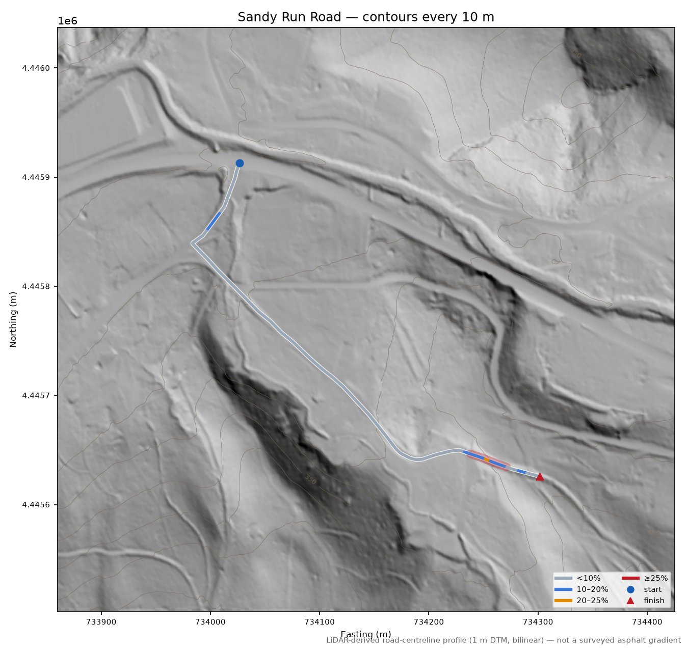 Sandy Run Road LiDAR hillshade map with contours
