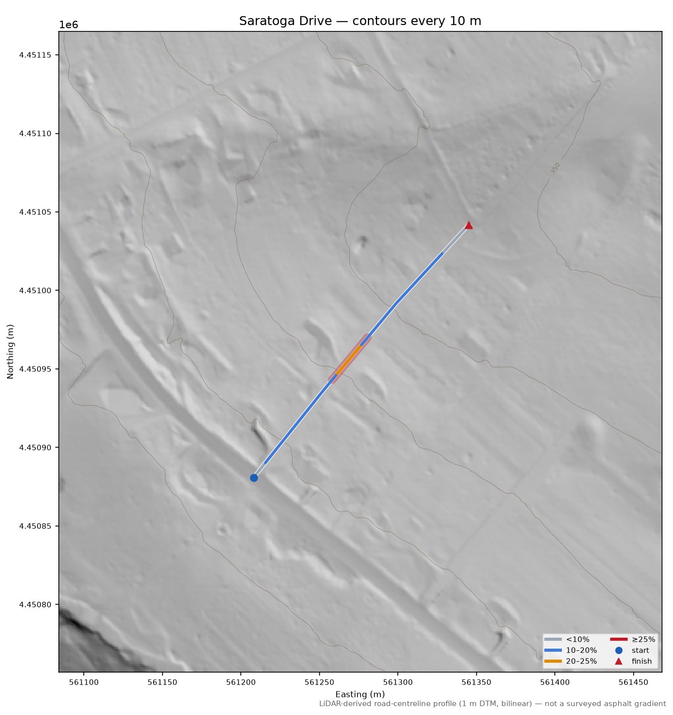 Saratoga Drive LiDAR hillshade map with contours