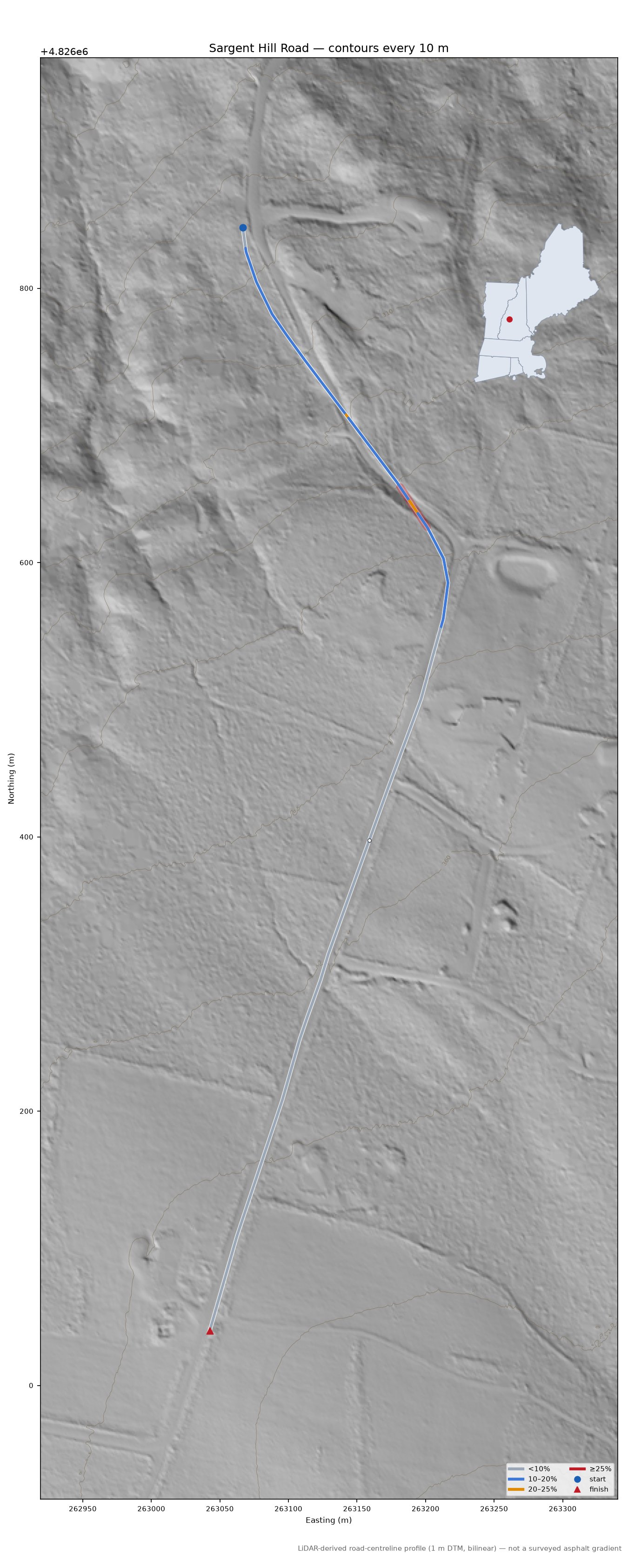 Sargent Hill Road LiDAR hillshade map with contours