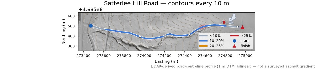 Satterlee Hill Road LiDAR hillshade map with contours