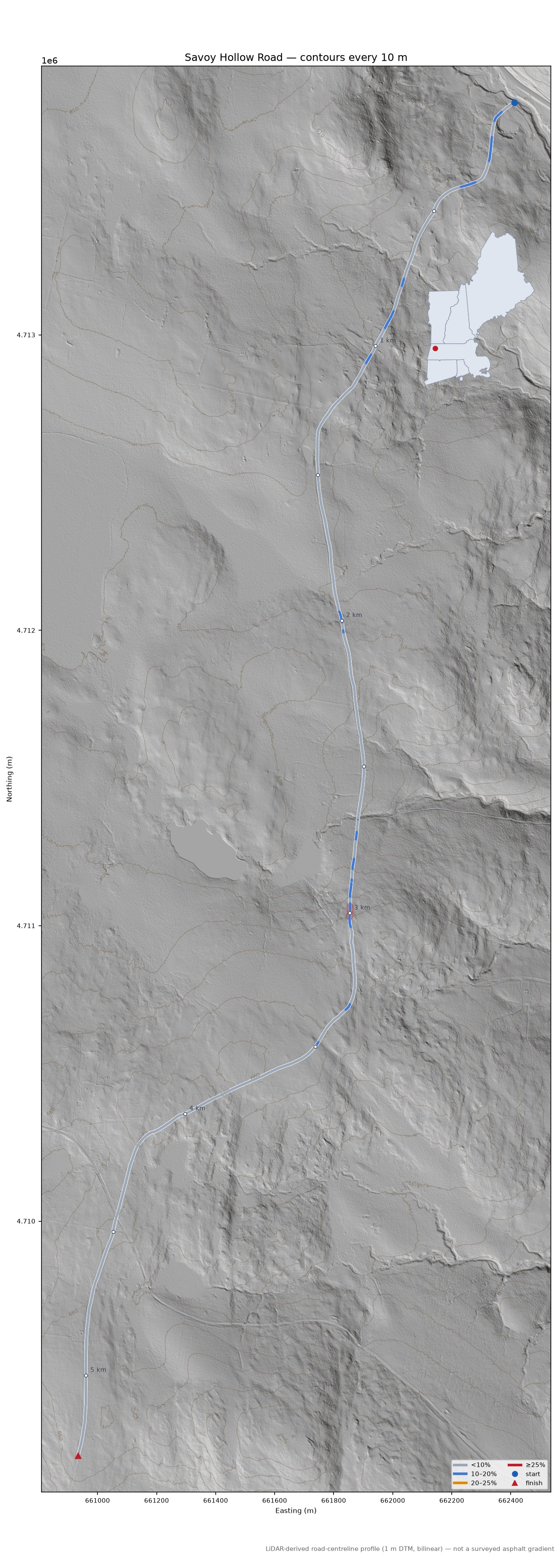 Savoy Hollow Road LiDAR hillshade map with contours