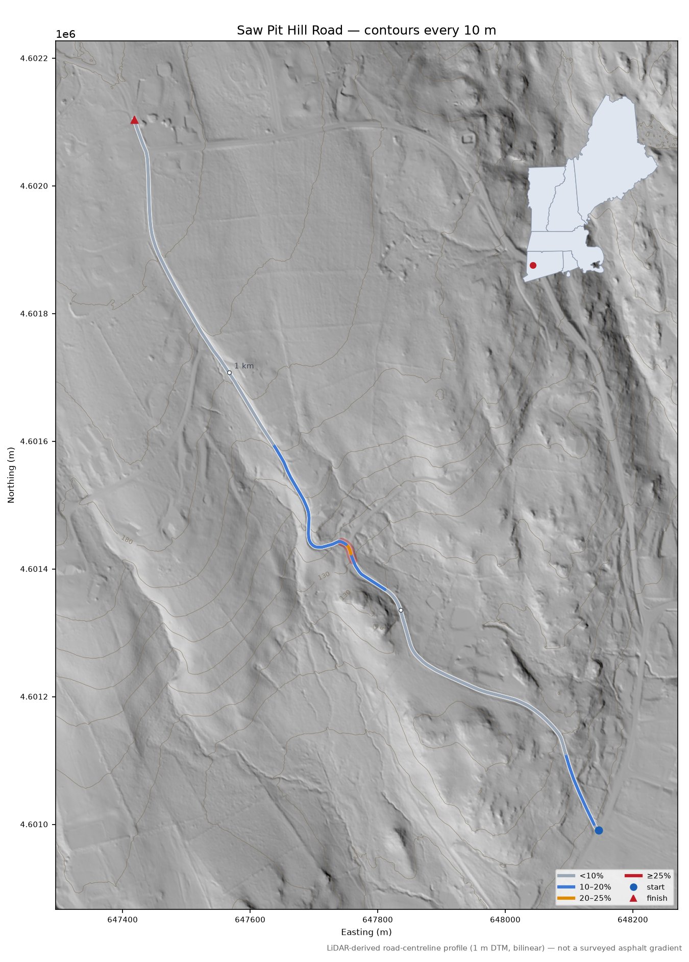 Saw Pit Hill Road LiDAR hillshade map with contours