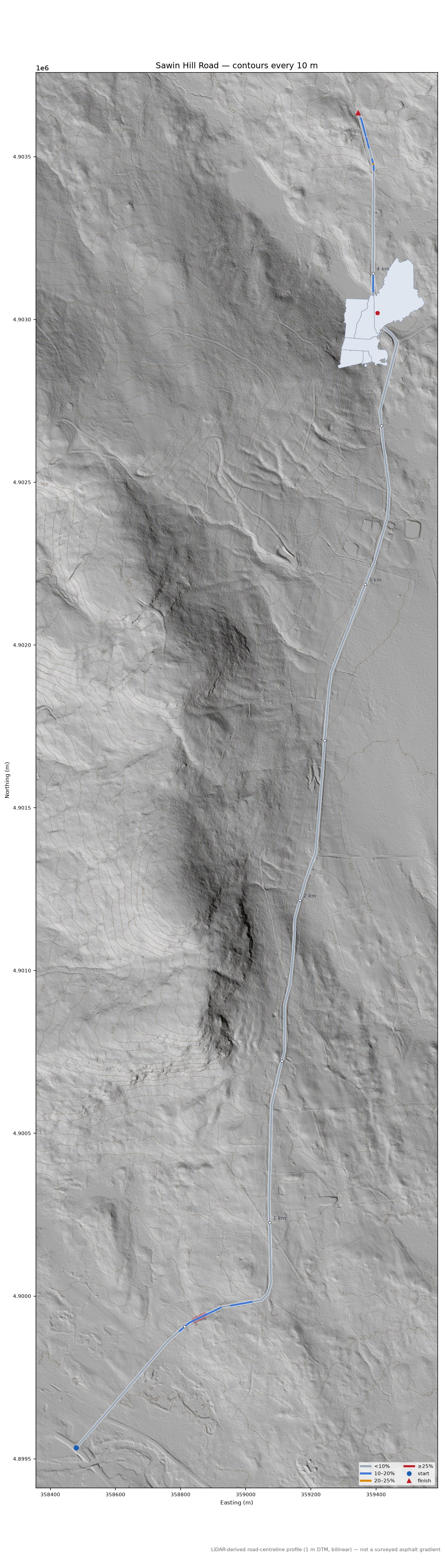 Sawin Hill Road LiDAR hillshade map with contours