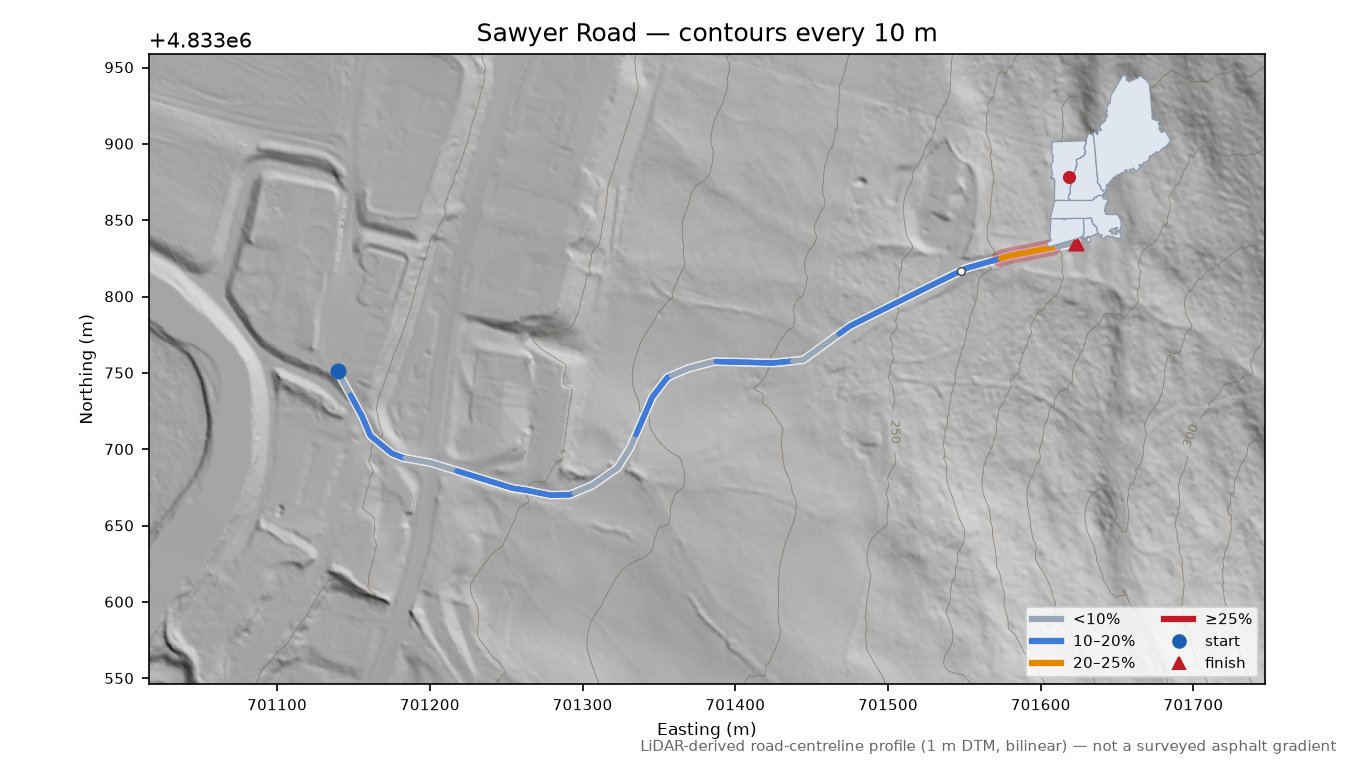 Sawyer Road LiDAR hillshade map with contours