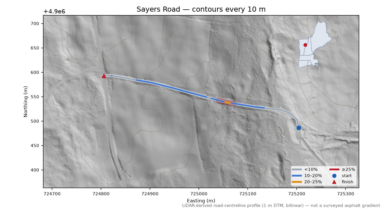 Sayers Road LiDAR hillshade map with contours